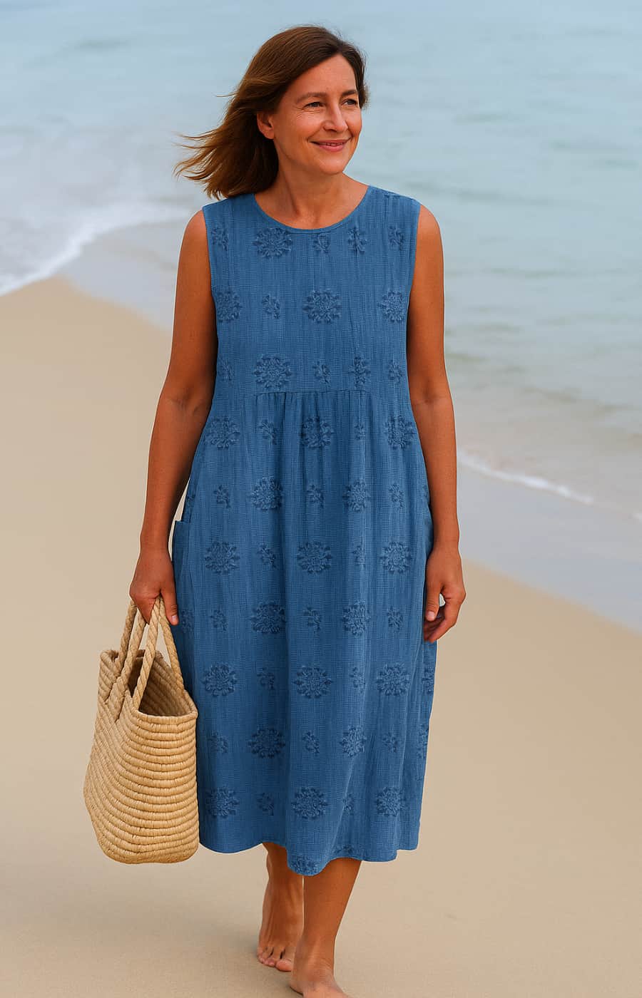 Lina | Vestido Midi Con Bolsillos Y Estampado Tipo Bordado