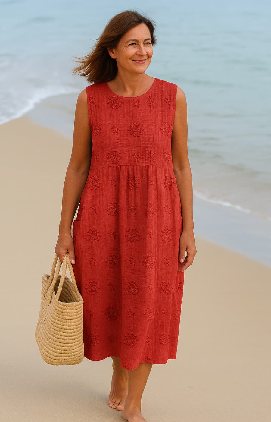 Lina | Vestido Midi Con Bolsillos Y Estampado Tipo Bordado