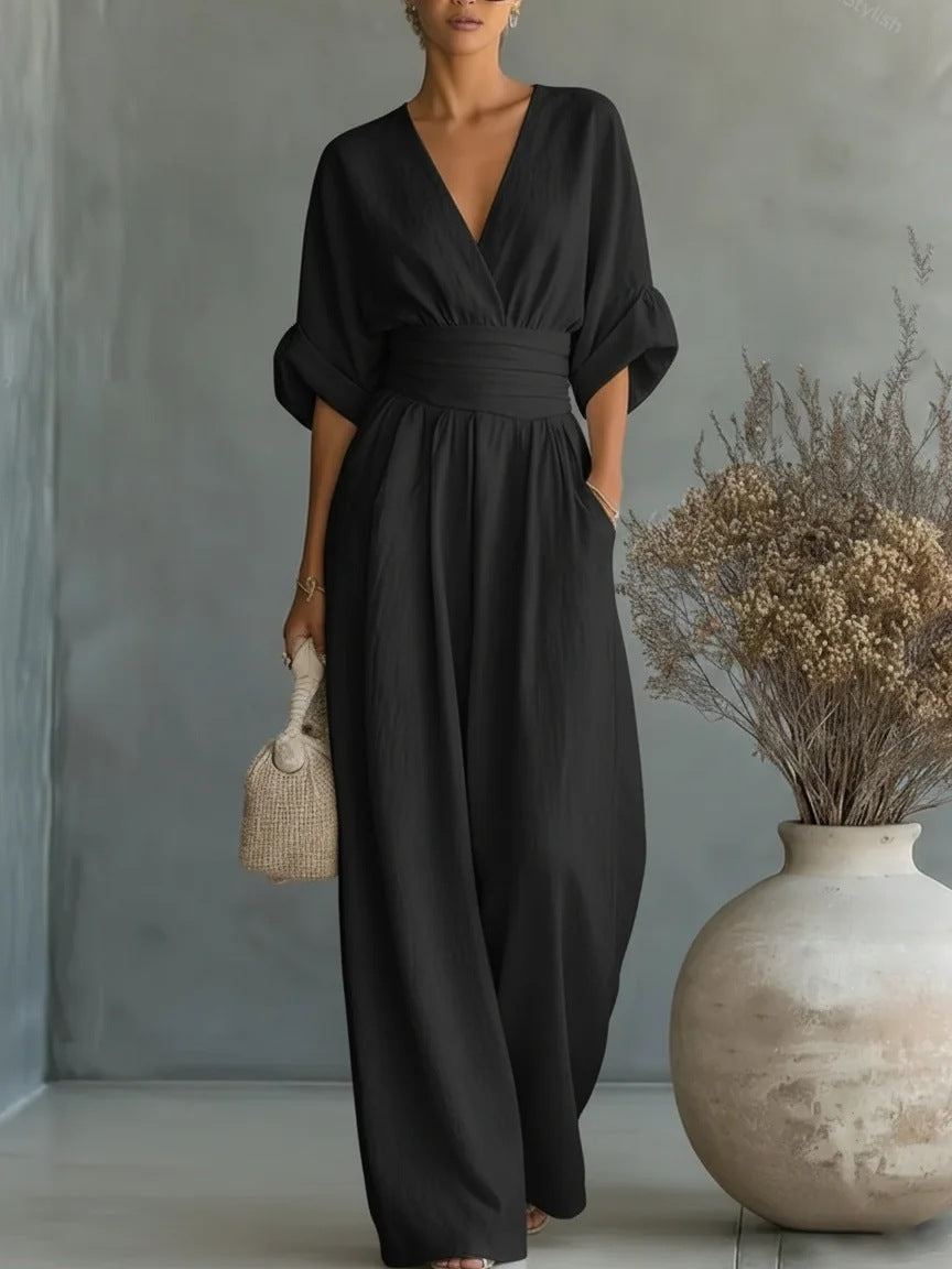 Marina | Mono Mujer Elegante Escote V, Pantalón Ancho Cintura Alta