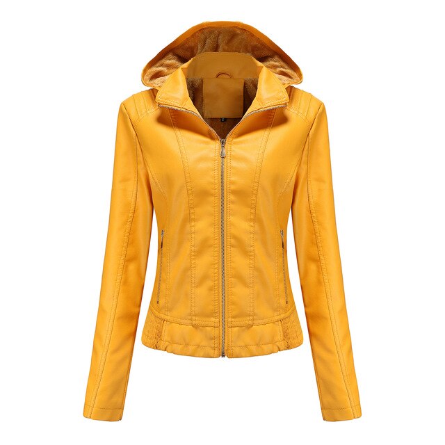 Chaqueta de piel con capucha para mujer