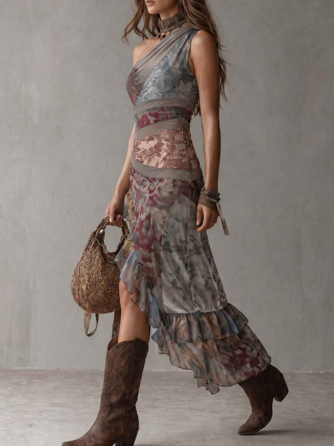 María | Vestido Largo Asimétrico Con Estampado Étnico