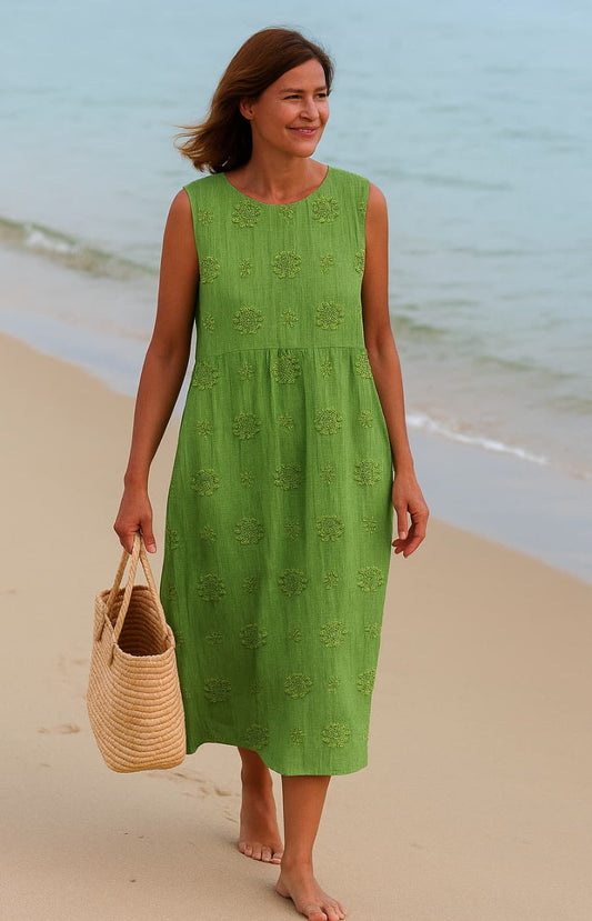 Lina | Vestido Midi Con Bolsillos Y Estampado Tipo Bordado