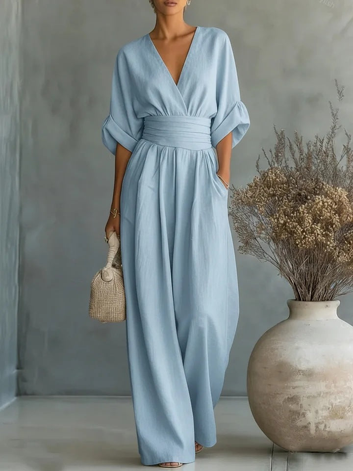Marina | Mono Mujer Elegante Escote V, Pantalón Ancho Cintura Alta