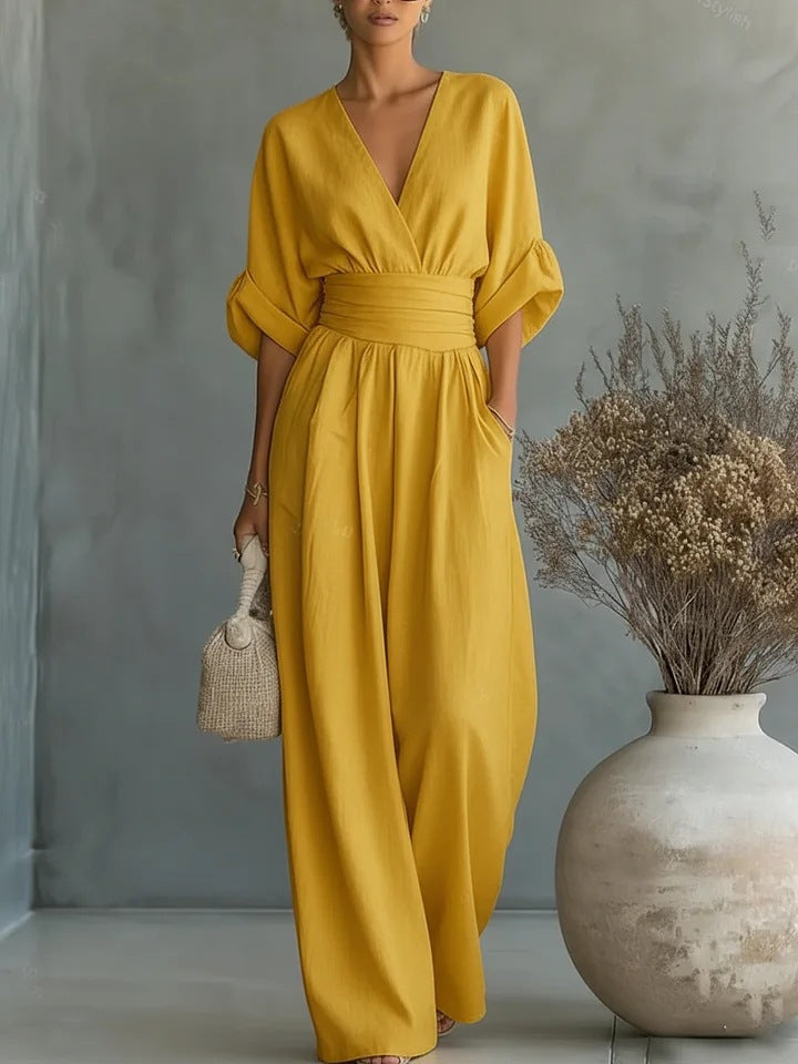 Marina | Mono Mujer Elegante Escote V, Pantalón Ancho Cintura Alta