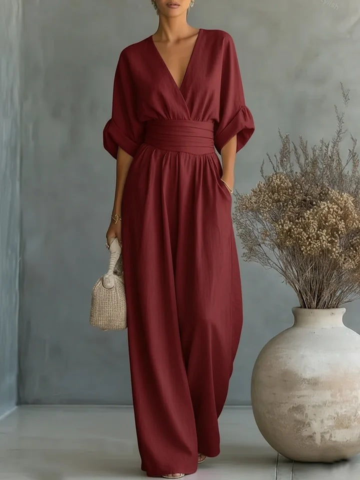 Marina | Mono Mujer Elegante Escote V, Pantalón Ancho Cintura Alta