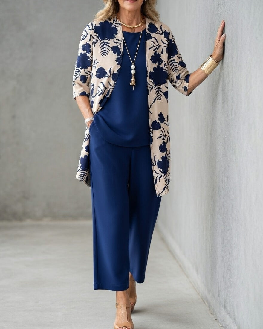 Esther | Conjunto Mujer 3 Piezas Elegante, Pantalón Fluido Y Chaqueta Floral