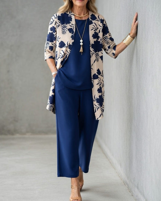 Esther | Conjunto Mujer 3 Piezas Elegante, Pantalón Fluido Y Chaqueta Floral