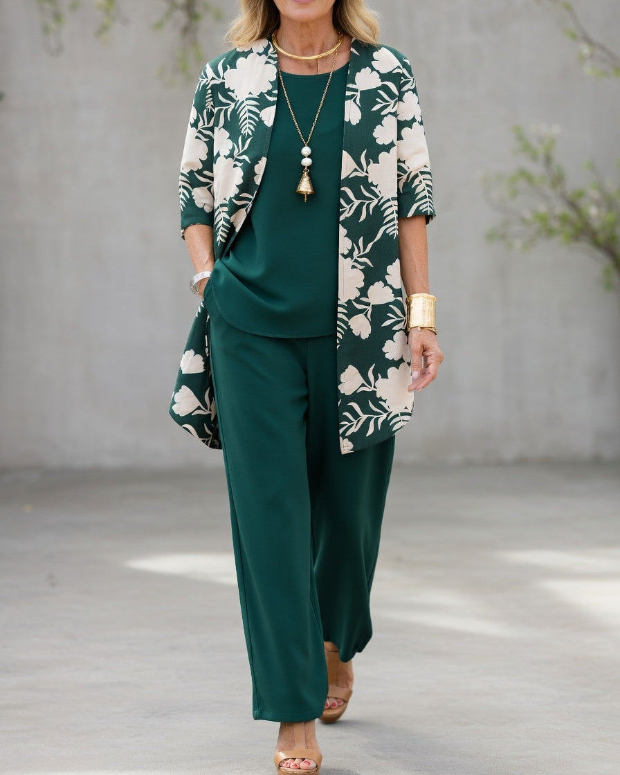 Esther | Conjunto Mujer 3 Piezas Elegante, Pantalón Fluido Y Chaqueta Floral