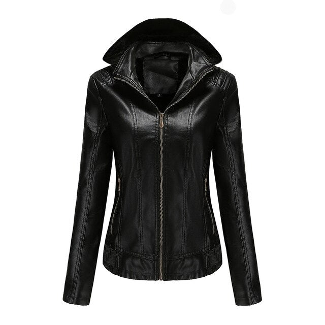 Chaqueta de piel con capucha para mujer