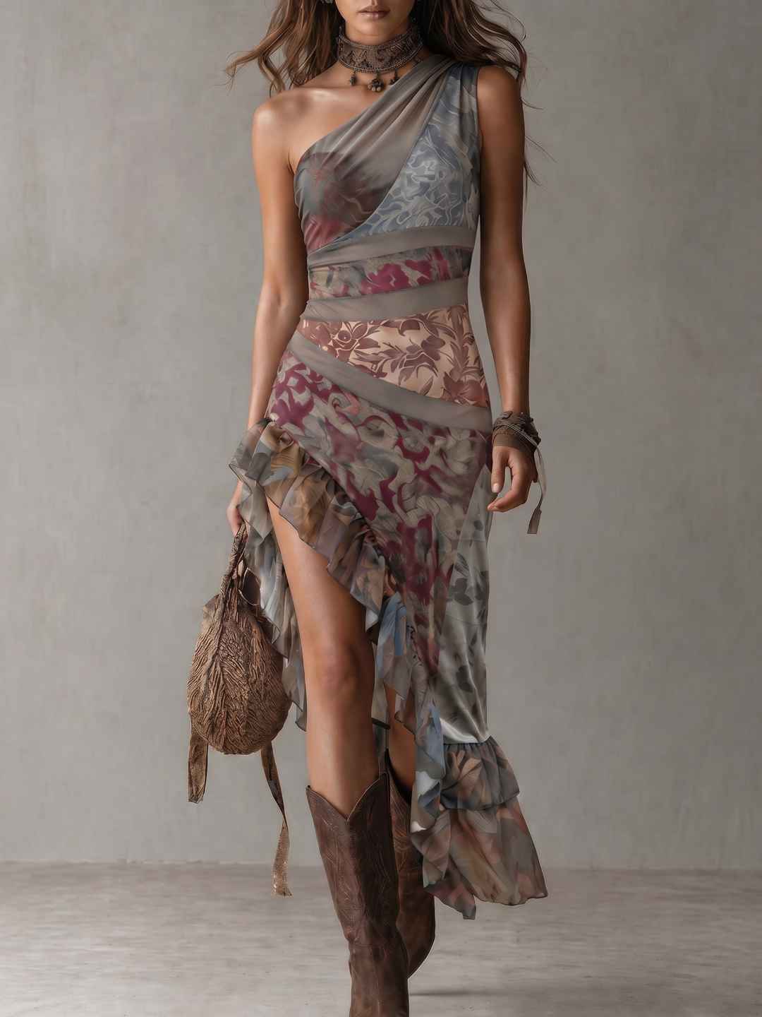 María | Vestido Largo Asimétrico Con Estampado Étnico