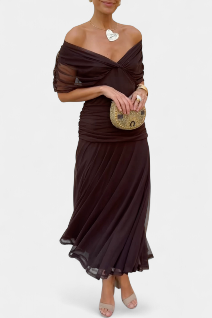 Iselina | Vestido Largo Fruncido Para Mujer Con Cuello En V Elegante