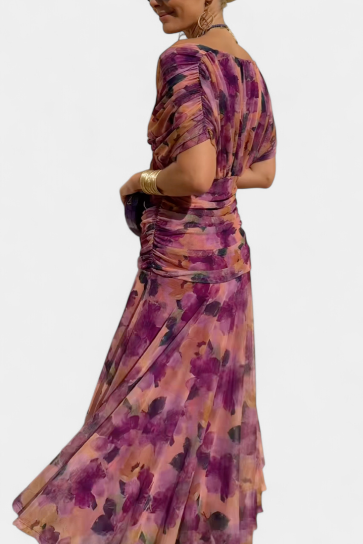 Iselina | Vestido Largo Fruncido Para Mujer Con Cuello En V Elegante