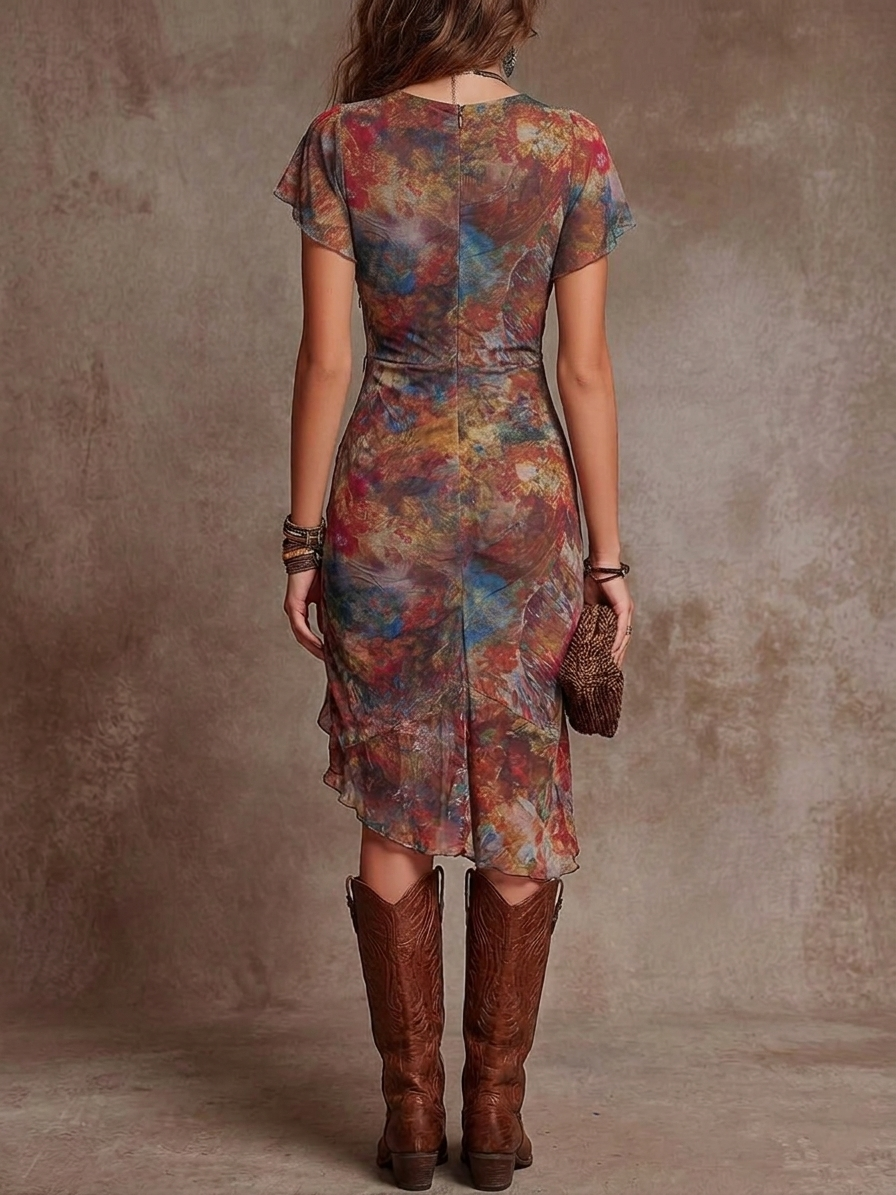 Natalia | Vestido Midi Plisado Con Cuello En V Y Estampado De Arte Abstracto Bohemio