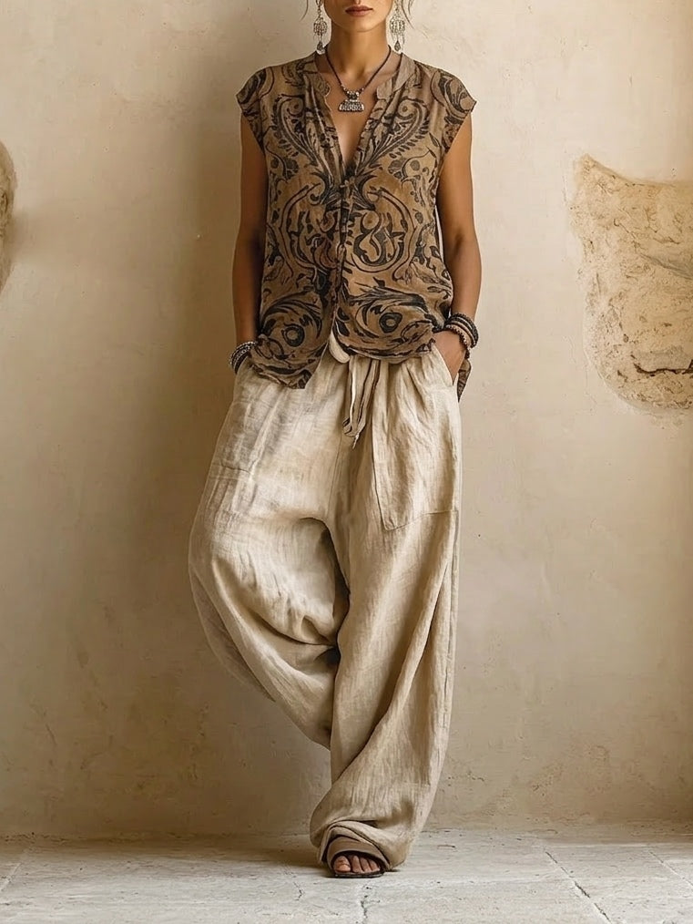 Julietta | Conjunto mujer 3 piezas lino algodón top étnico cárdigan pantalón ancho