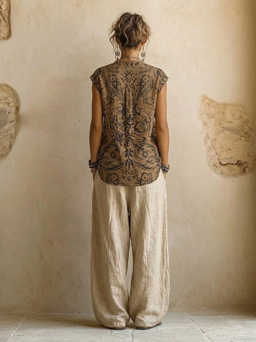 Julietta | Conjunto mujer 3 piezas lino algodón top étnico cárdigan pantalón ancho