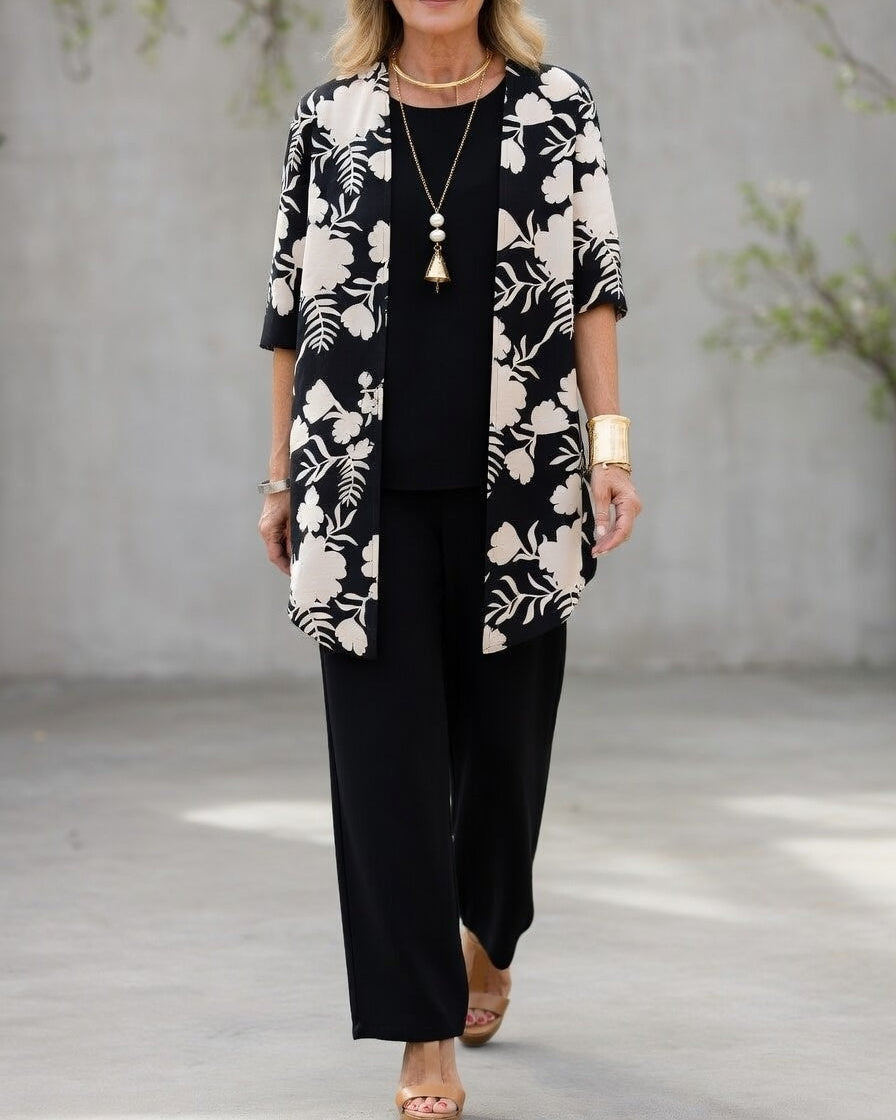 Esther | Conjunto Mujer 3 Piezas Elegante, Pantalón Fluido Y Chaqueta Floral