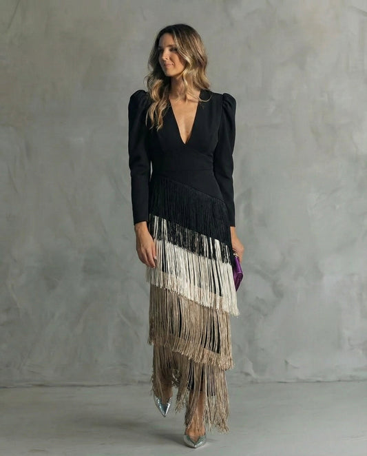 Jimena | Vestido Mujer Elegante Con Flecos Midi, Estilo Sofisticado y Fluido