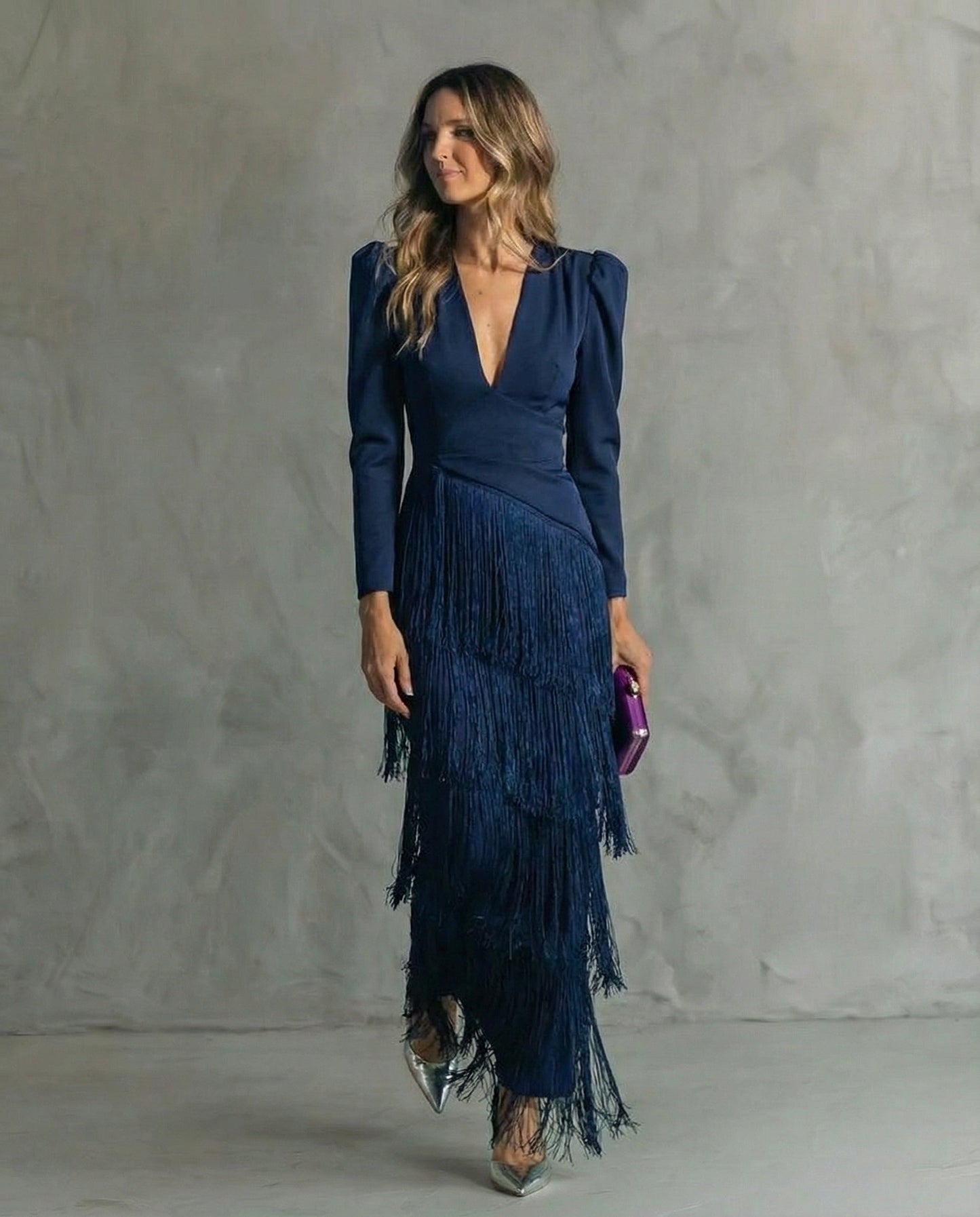 Jimena | Vestido Mujer Elegante Con Flecos Midi, Estilo Sofisticado y Fluido