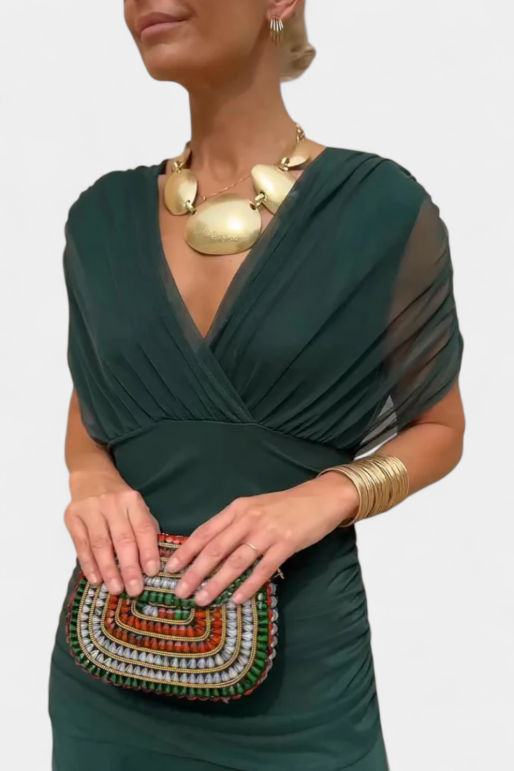 Iselina | Vestido Largo Fruncido Para Mujer Con Cuello En V Elegante
