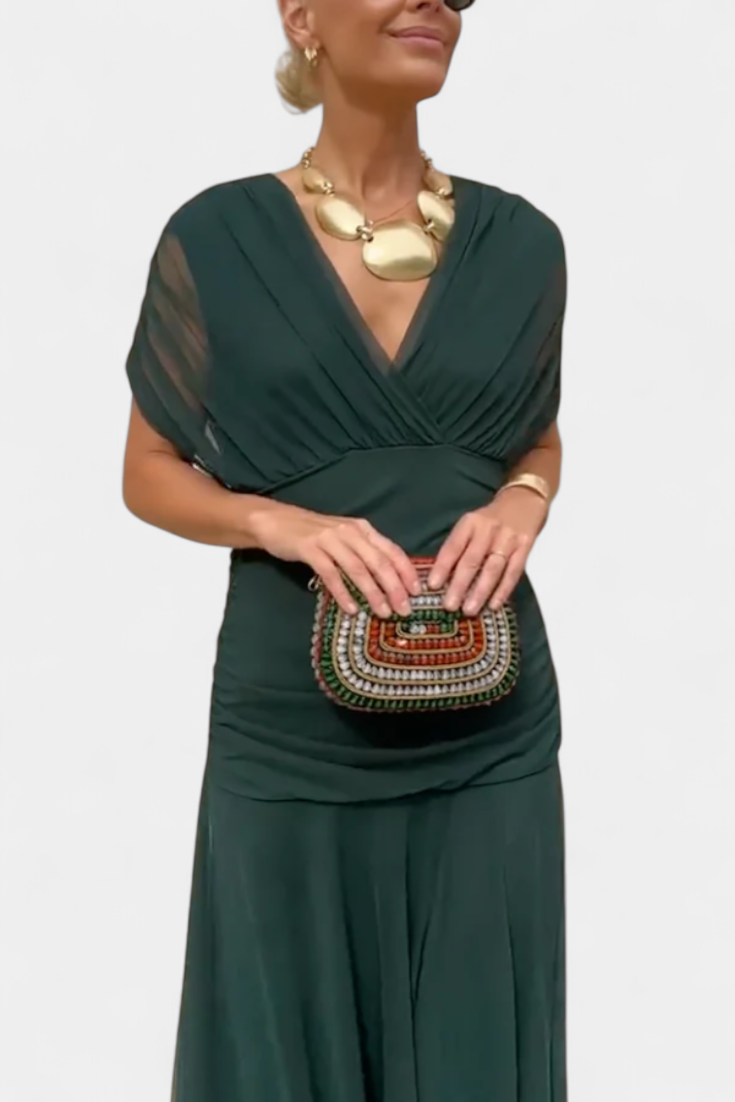 Iselina | Vestido Largo Fruncido Para Mujer Con Cuello En V Elegante